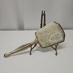 Vintage Gold Tone Hand Held Vanity Mirror w/ Gold Silver Glittering Flowers